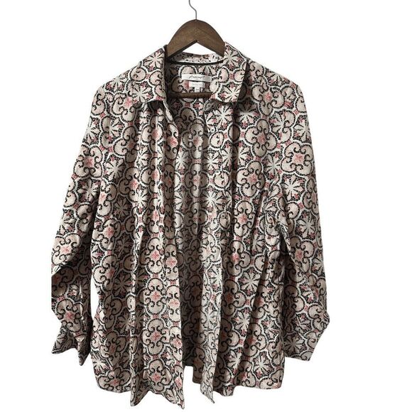 Foxcroft Top Button Up Shirt Womens 18W Blue Red Print Wrinkle Free Workwear - Picture 1 of 7